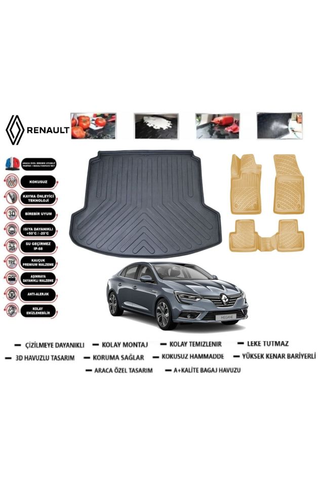 Renault Megane 4 Sedan 2017 Model Çift Kulaklı Bagaj Havuzu+Araca Özel Bej Paspas Takımı Flex