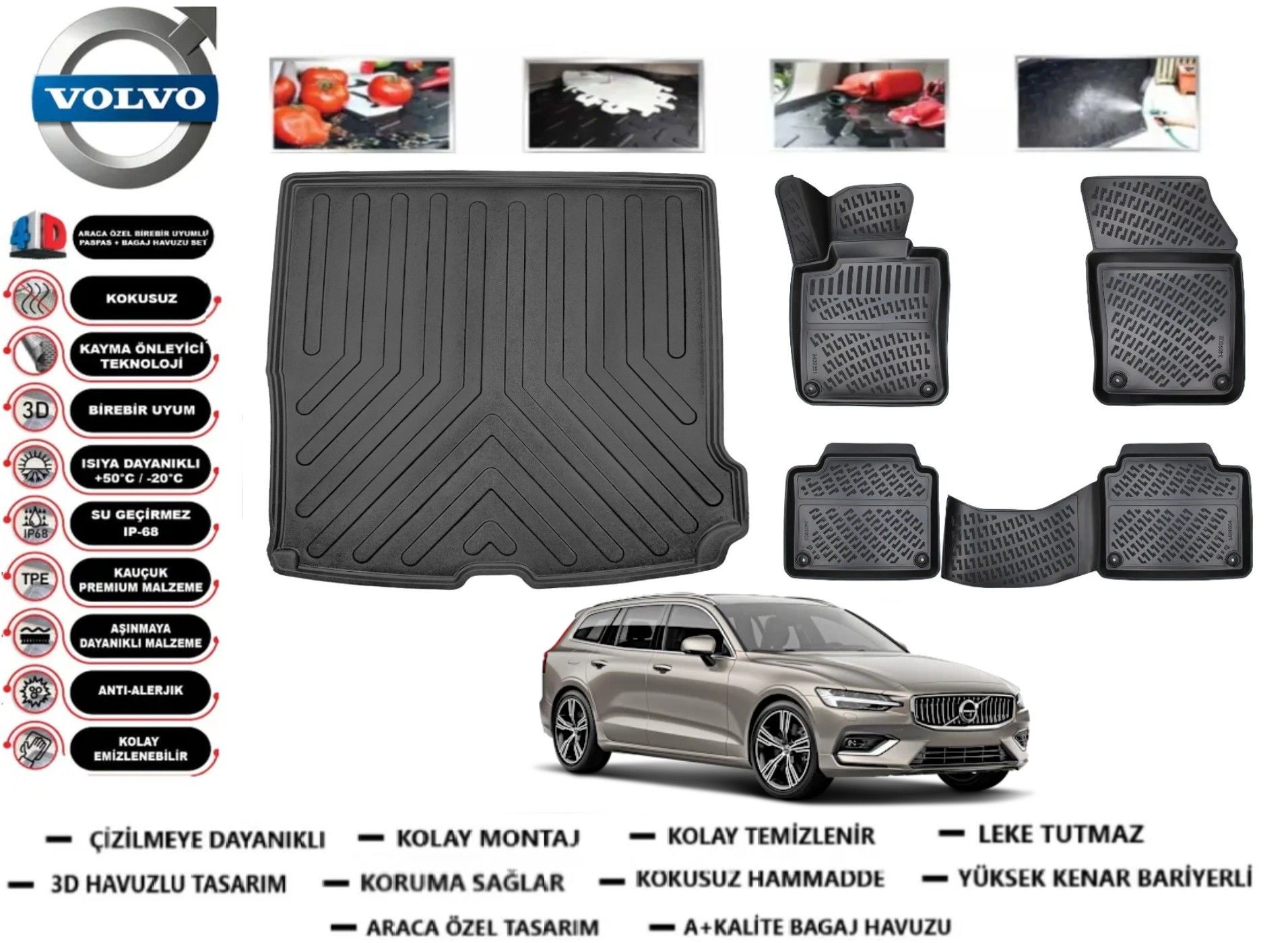 Volvo V60 2018 Sonrası 3D Bagaj Havuzu+3D Havuzlu Paspas