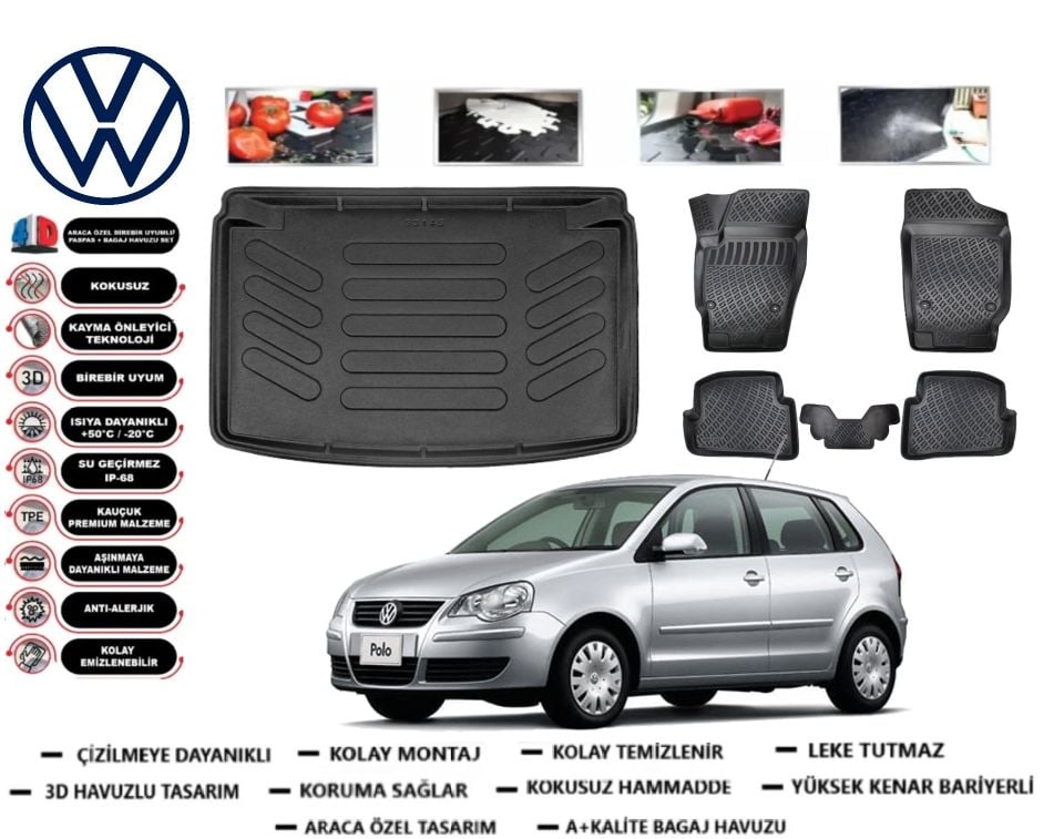 Volkswagen Polo 2002-2008 3D Bagaj Havuzu+3D Araca Özel Paspas Takımı