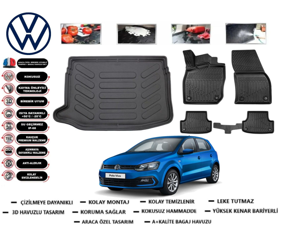 Volkswagen Polo 2009-2016 3D Üst Bagaj Havuzu+3D Araca Özel Paspas Takımı