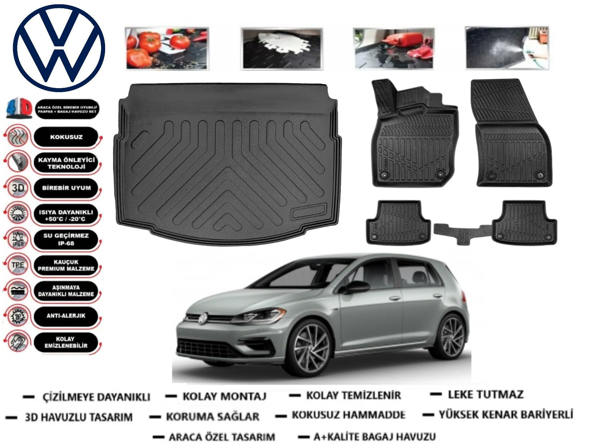 Volkswagen Golf 7 2013-2020 3D Alt Bagaj Havuzu+3D Araca Özel Paspas Takımı