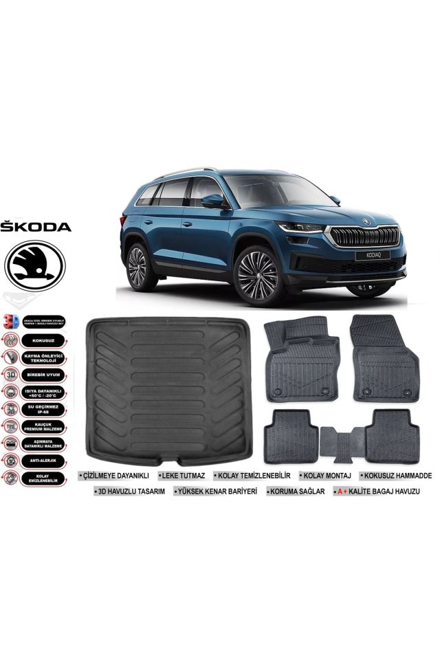 Skoda Kodiaq 2016 Model Bagaj Havuzu Araca Özel Siyah Havuzlu Paspas Takımı Sett