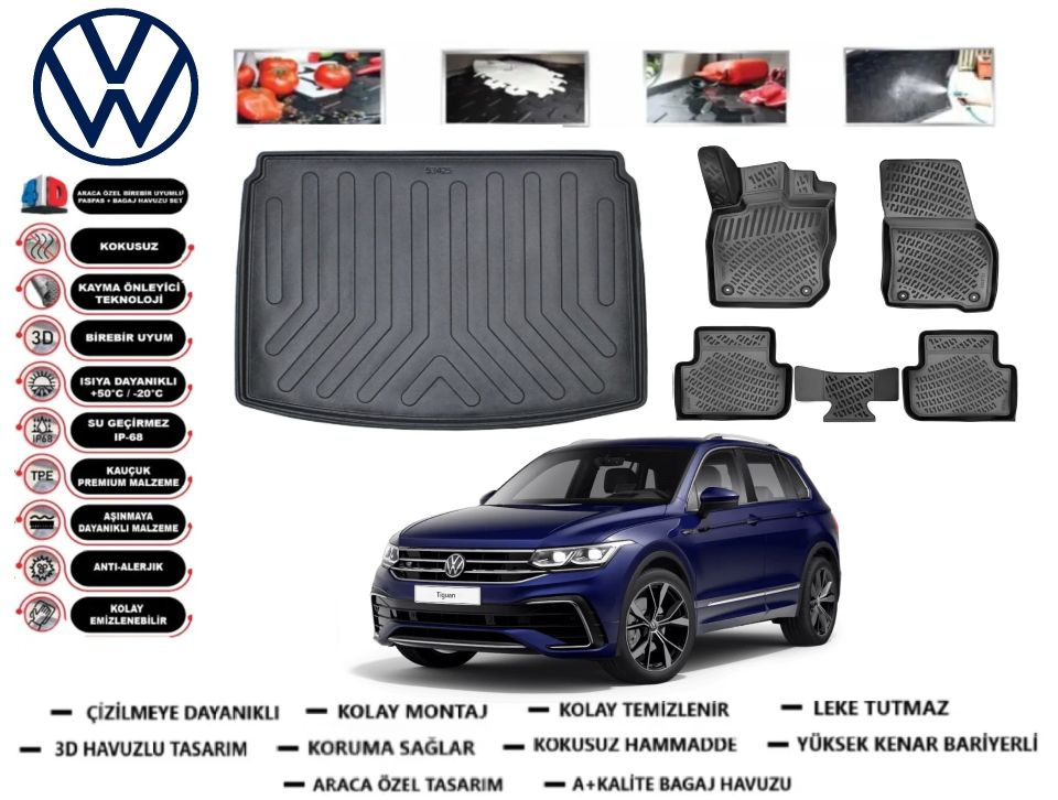 Volksvagen Tiguan 2016-2023 3D Alt Bagaj Havuzu+3D Araca Özel Paspas Takımı