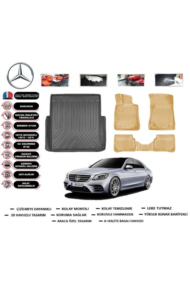 Mercedes S serisi W 221 2007 Model Bagaj Havuzu+Araca Özel Bej Paspas Takımı Flex