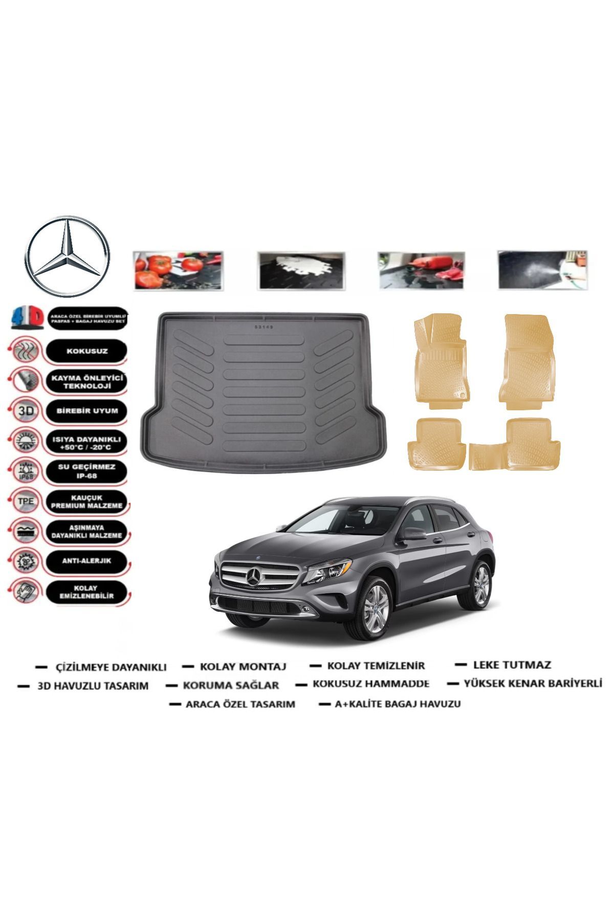 Mercedes GLA 2015 Model Bagaj Havuzu+Araca Özel Bej Paspas Takımı Flex