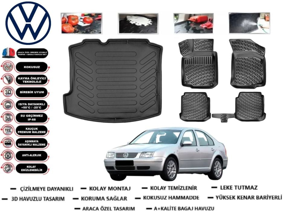 Volkswagen Bora 1999-2006 3D Bagaj Havuzu+3D Araca Özel Paspas Takımı