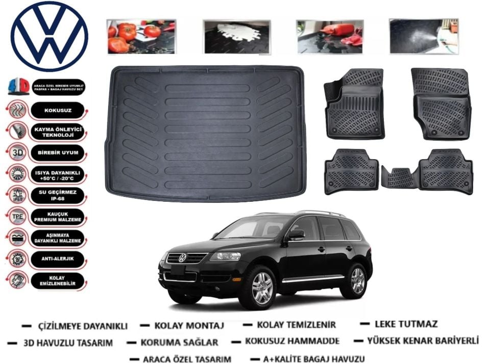 Volkswagen Touareg 2002-2010 3D Bagaj Havuzu+3D Araca Özel Paspas Takımı