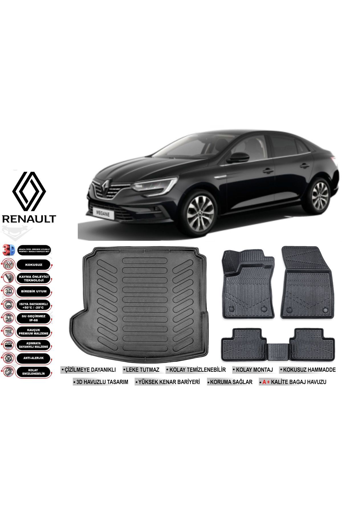 Renault Megane 4 2022 Model Sol Kulak Bagaj Havuzu Araca Özel Siyah Havuzlu Paspas Takımı Sett