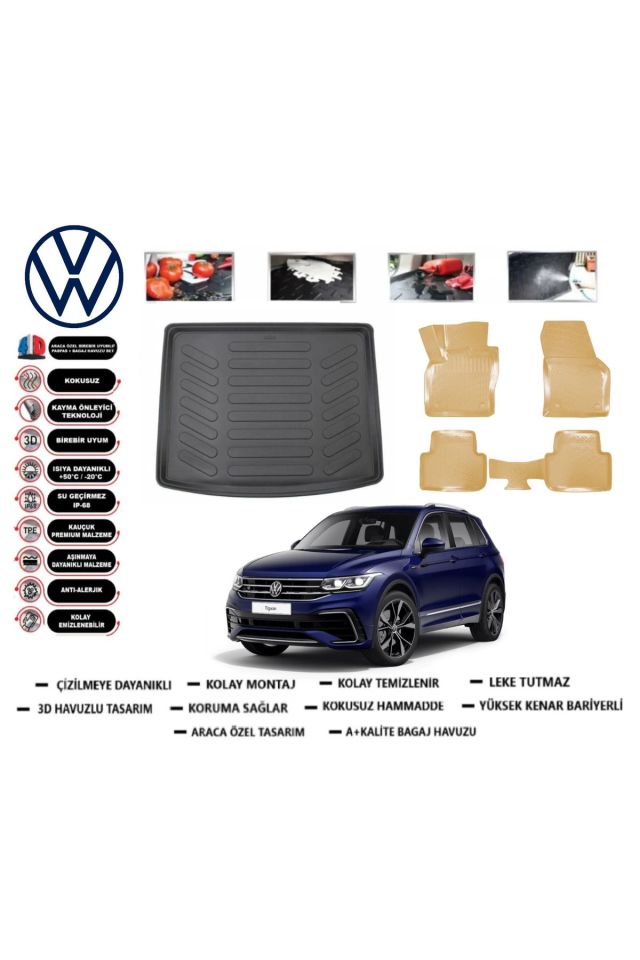 Volkswagen Tiguan 2016 Model Üst Bagaj Havuzu+Araca Özel Bej Paspas Takımı Flex