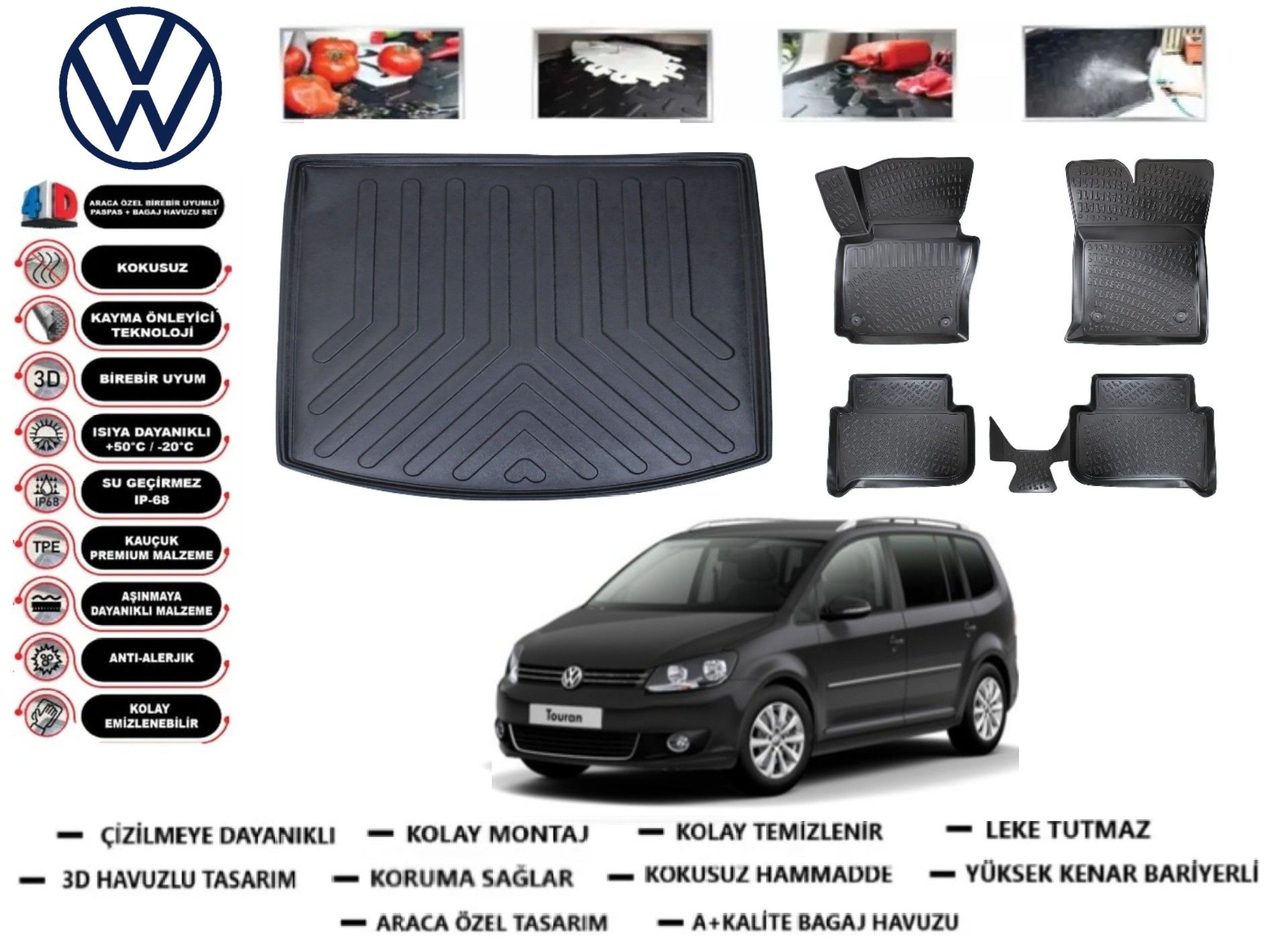 Volkswagen Touran 2003-2015 3D Bagaj Havuzu+3D Araca Özel Paspas Takımı