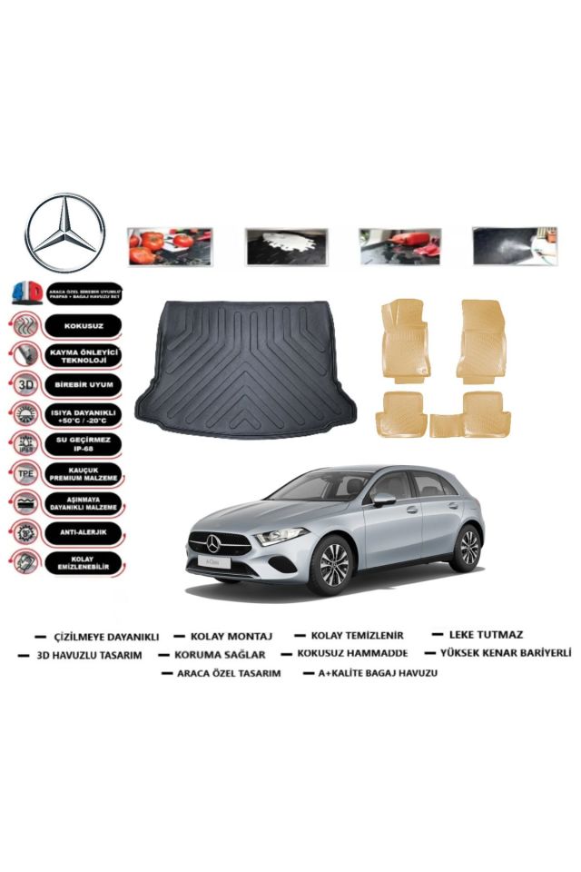 Mercedes A Serisi W177 HB Kulaksız 2020 Model Bagaj Havuz Paspası+Araca Özel Bej Paspas Takımı PRO