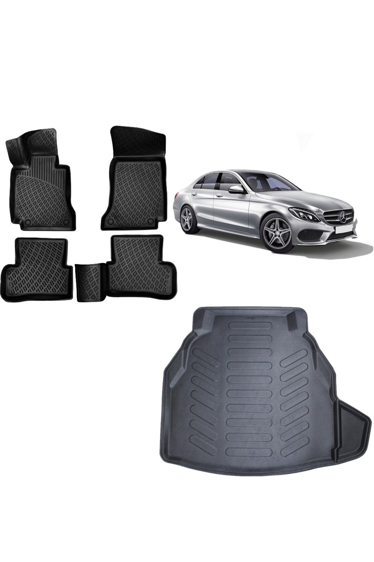 Mercedes C Serisi W205 2019 Model Plastik 3D Bagaj Havuzu+3D Havuzlu Araca Özel Paspas Takımı