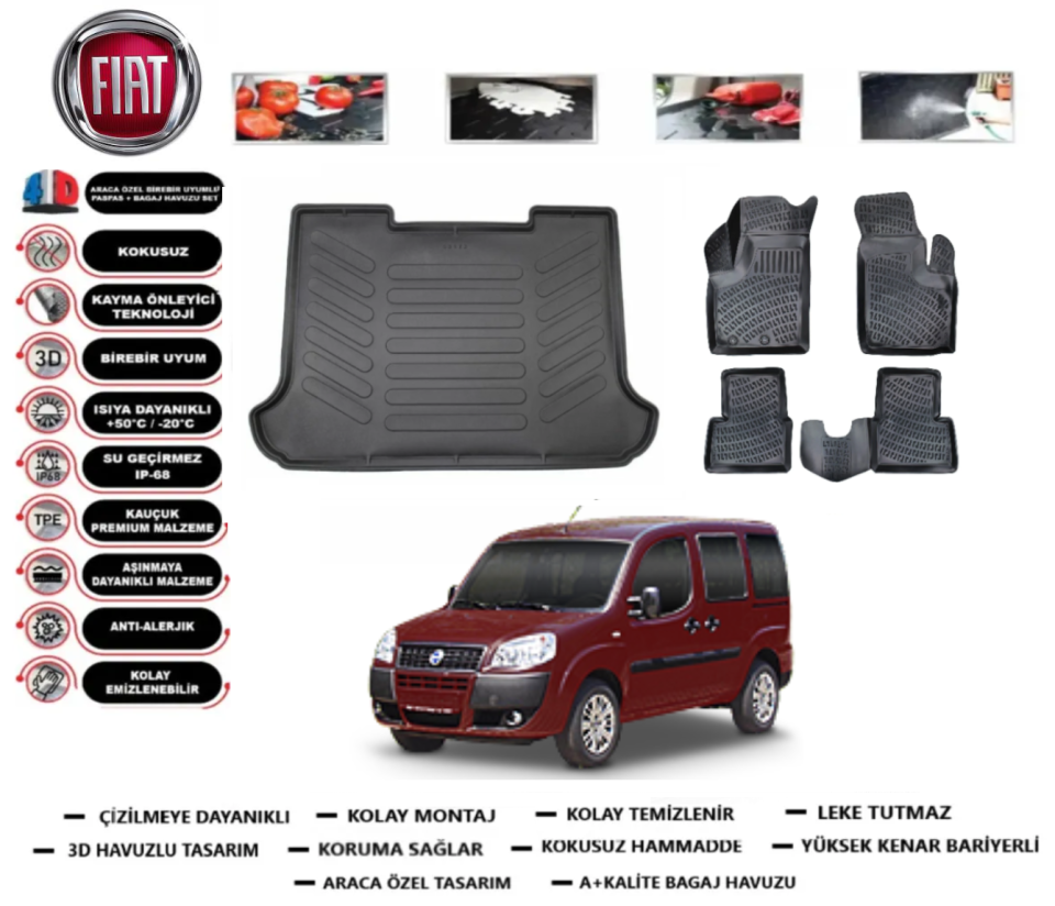 Fiat Doblo 2001-2009 3D Bagaj Havuzu+3D Araca Özel Paspas Takımı