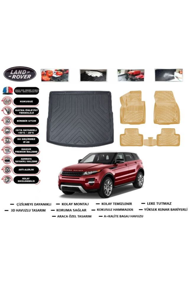 Land Rover Evoque 2011 Model Bagaj Havuzu(paspası)+Araca Özel Bej Paspas Takımı Flex