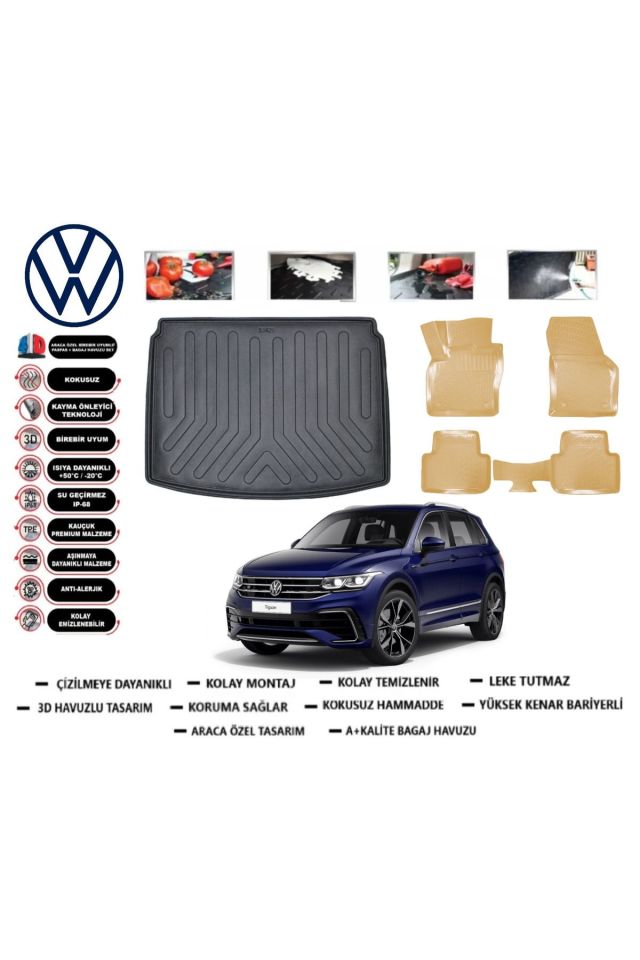 Volkswagen Tiguan 2016 Model Alt Bagaj Havuzu+Araca Özel Bej Paspas Takımı Flex