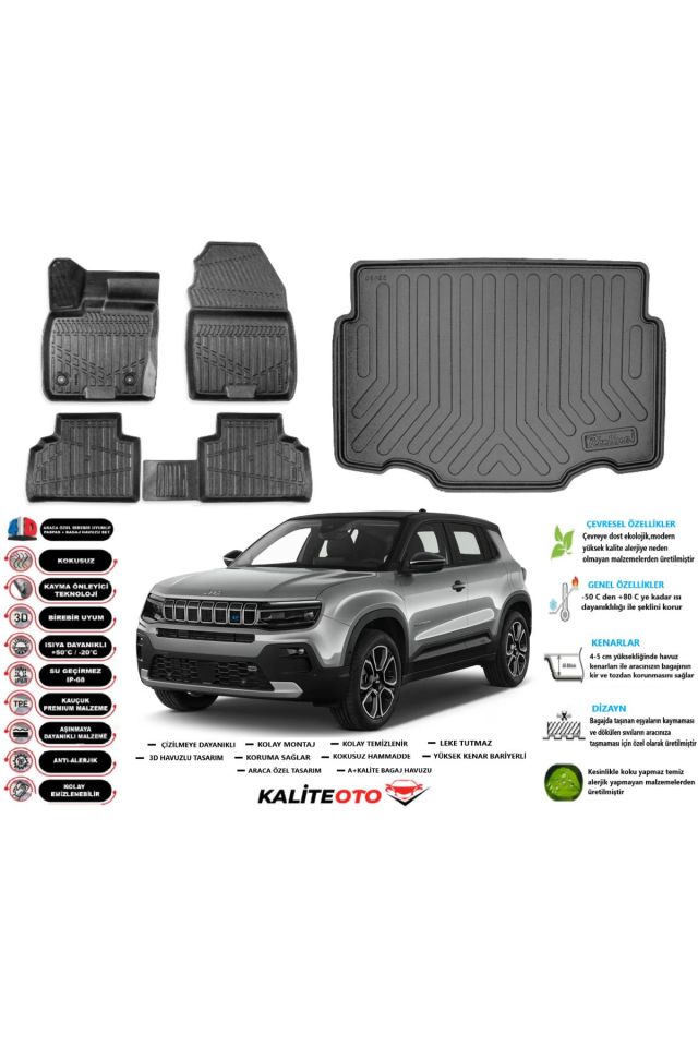 Jeep Avanger Elektrikli 2023 Model Alt Esnek Bagaj Havuzu Araca Özel Siyah Paspas Takımı