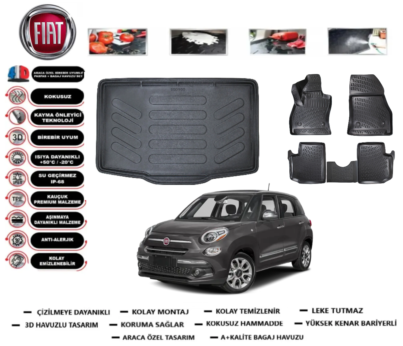 Fiat 500L 2007 Sonrası 3D Bagaj Havuzu+3D Araca Özel Paspas Takımı