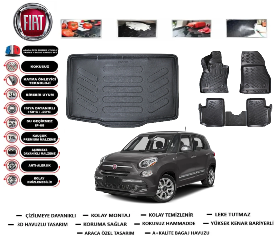 Fiat 500L 2007 Sonrası 3D Bagaj Havuzu+3D Araca Özel Paspas Takımı