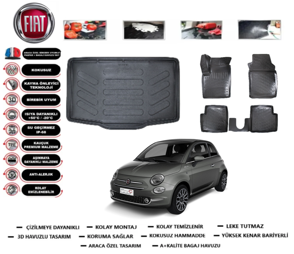 Fiat 500C 2007 Sonrası 3D Bagaj Havuzu+3D Araca Özel Paspas Takımı