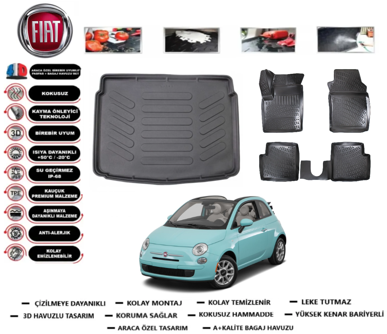 Fiat 500 2007 Sonrası 3D Bagaj Havuzu+3D Araca Özel Paspas Takımı