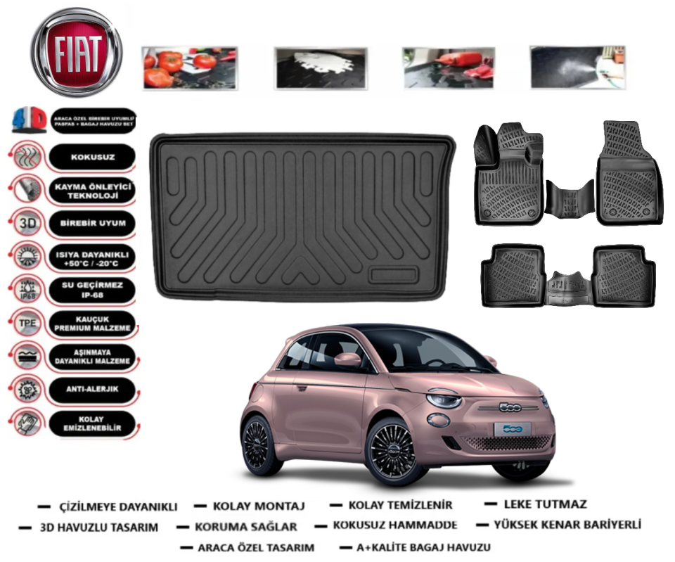 Fiat 500 2020 Sonrası Elektrikli 3D Bagaj Havuzu+3D Araca Özel Paspas Takımı