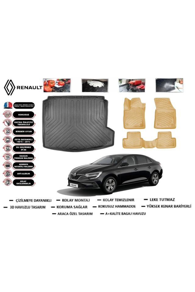 Renault Megane 4 Sedan 2024 Model Sağ Kulaklı Bagaj Havuz Paspası+Araca Özel Bej Paspas Takımı PRO