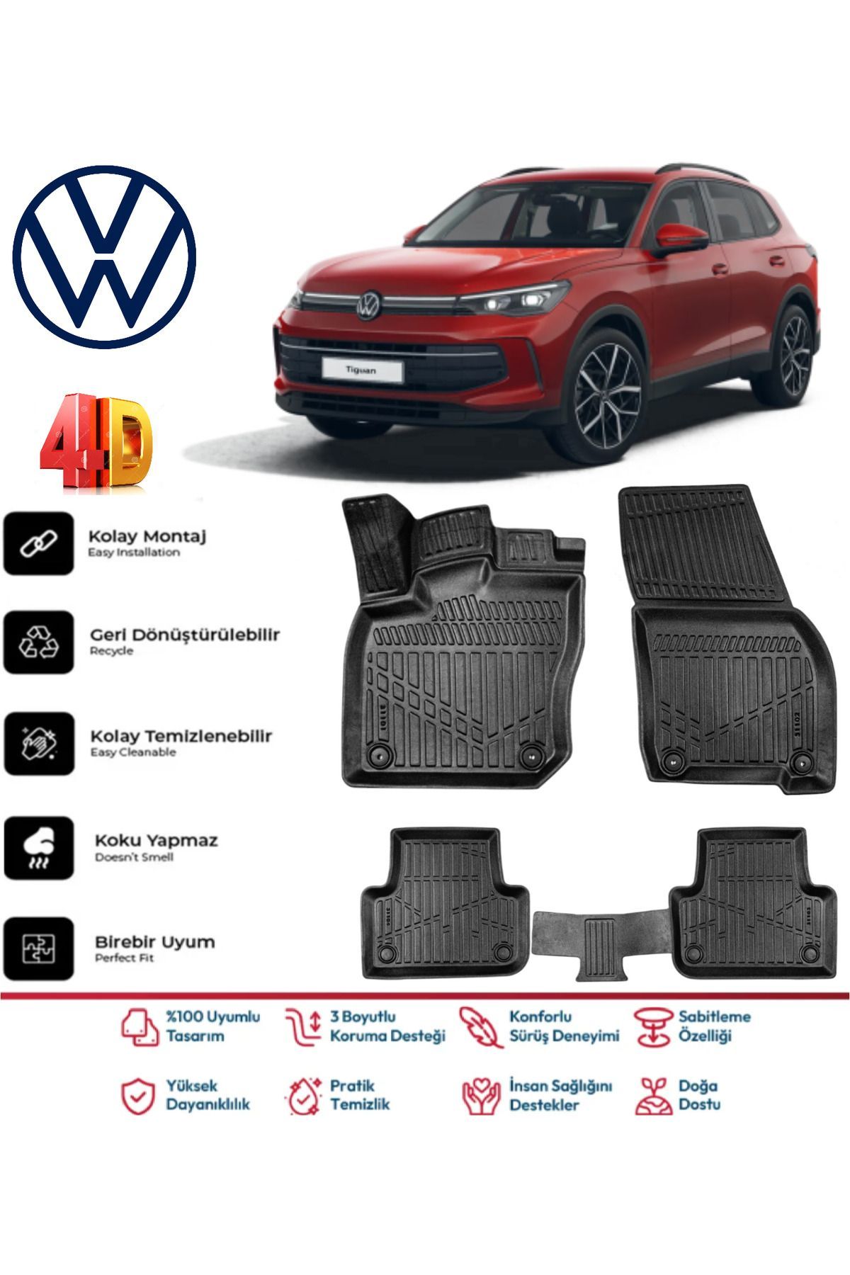 Volkswagen Tiguan 2024 Ve Sonrası 4.5D Premium Havuzlu Siyah Paspas Takımı Kokusuz