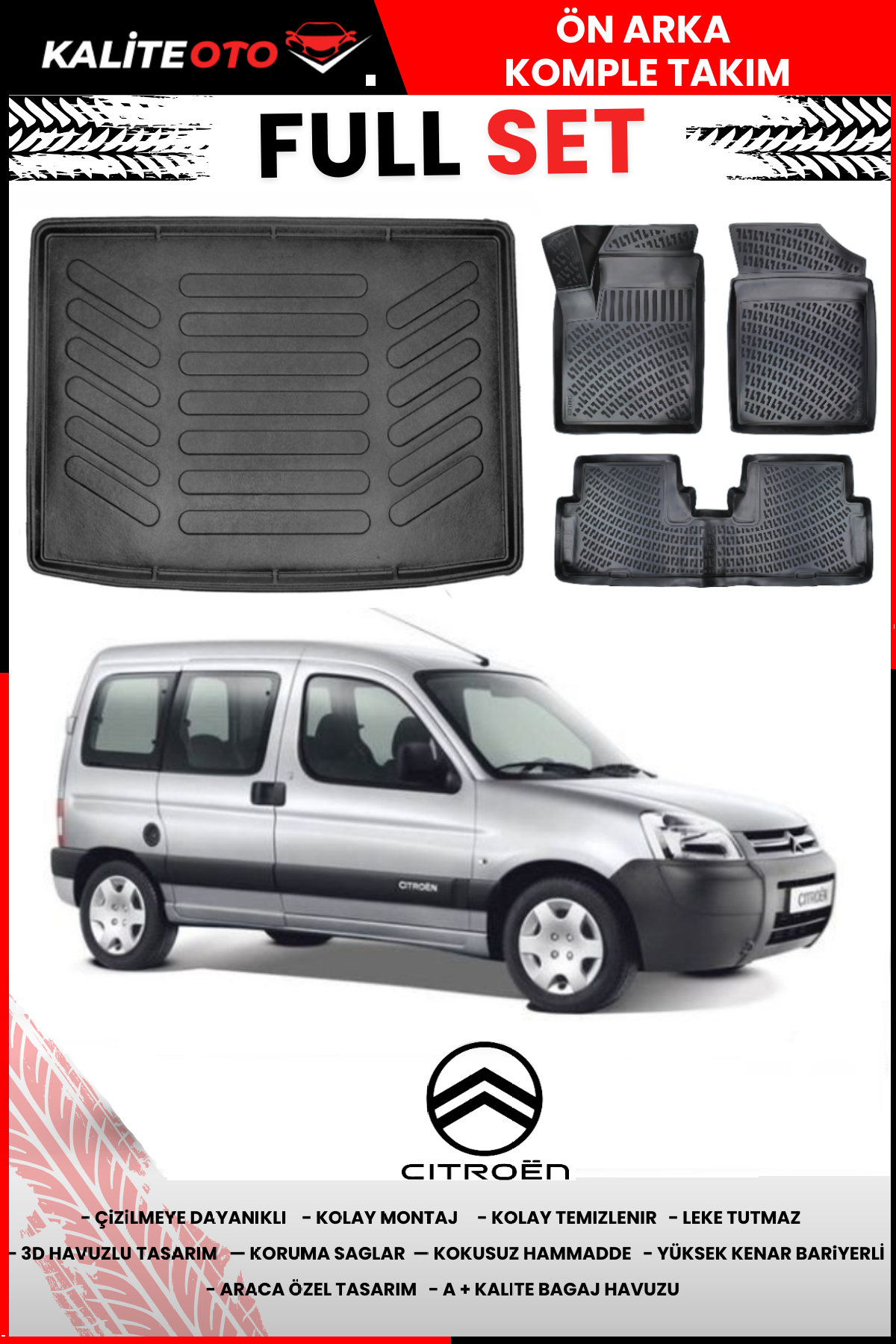Citroen Berlingo 1998-2008 3D Bagaj Havuzu+3D Araca Özel Paspas Takımı