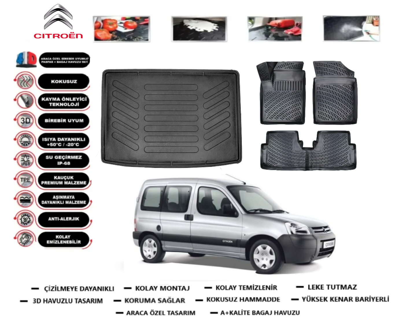 Citroen Berlingo 1998-2008 3D Bagaj Havuzu+3D Araca Özel Paspas Takımı