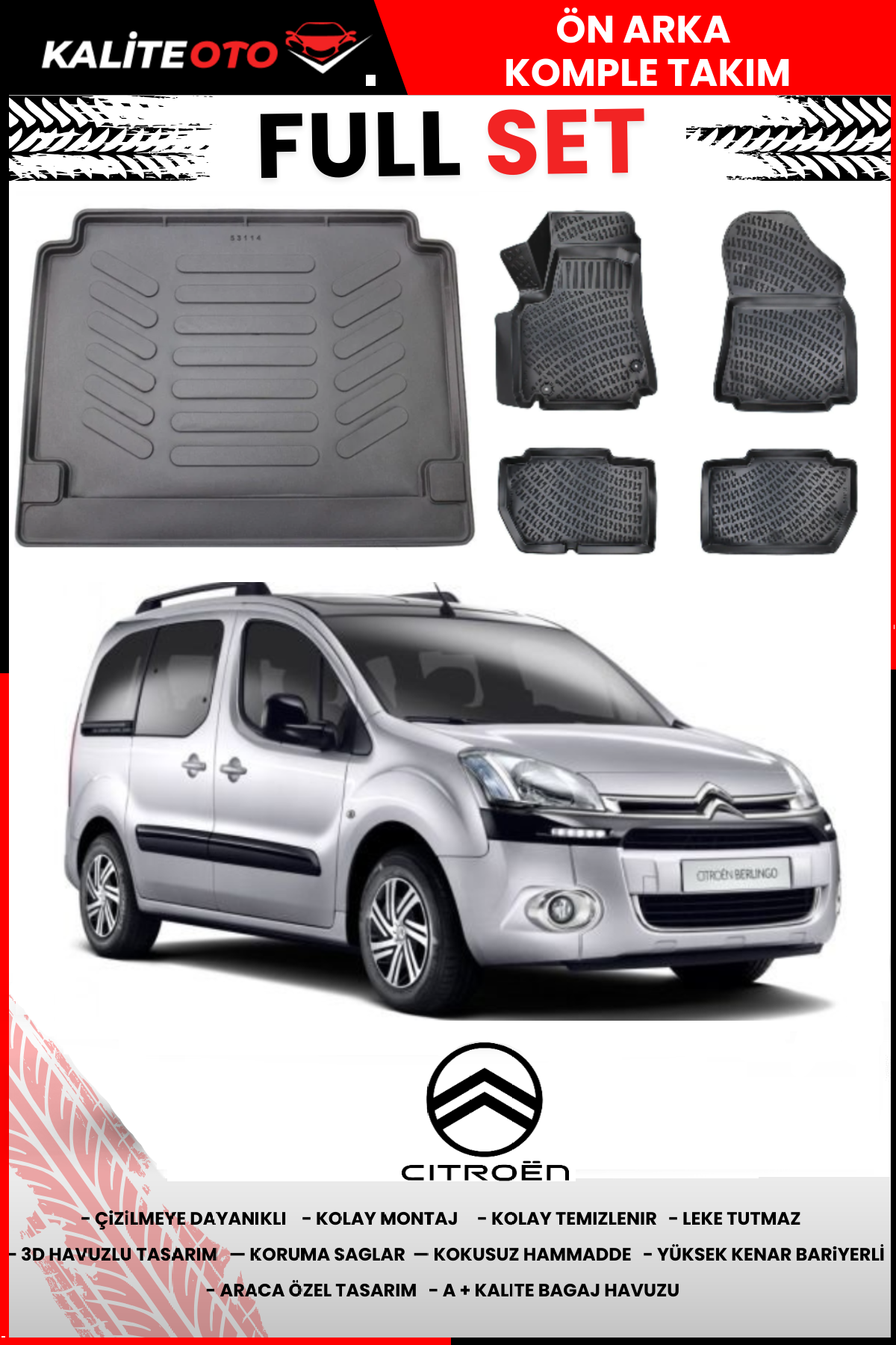 Citroen Berlingo 2008-2018 3D Bagaj Havuzu+3D Araca Özel Paspas Takımı