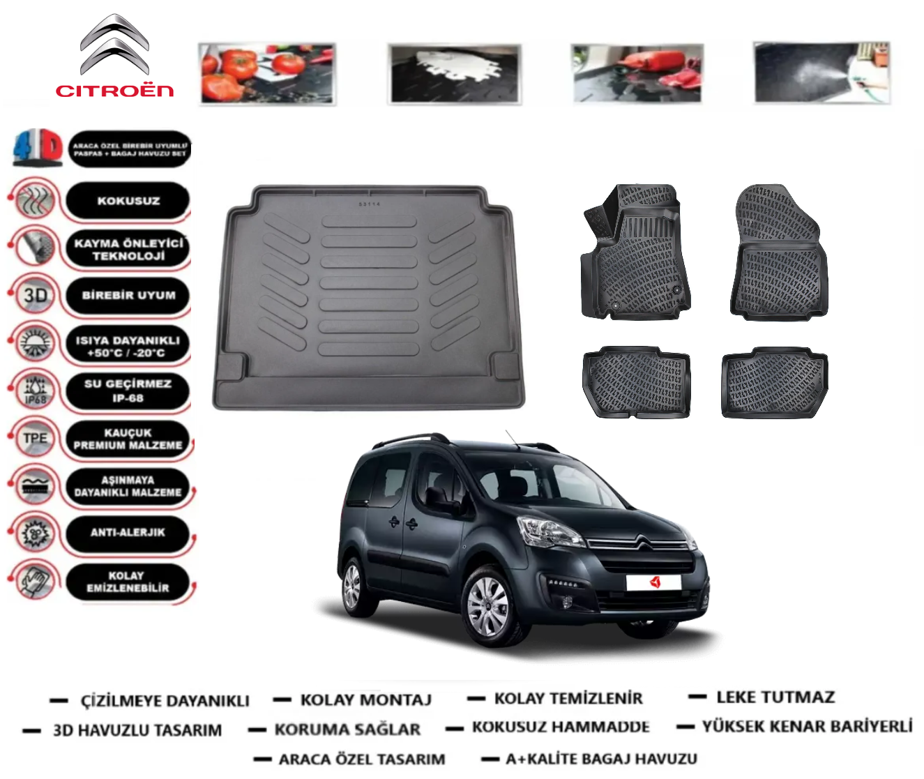 Citroen Berlingo 2008-2018 3D Bagaj Havuzu+3D Araca Özel Paspas Takımı