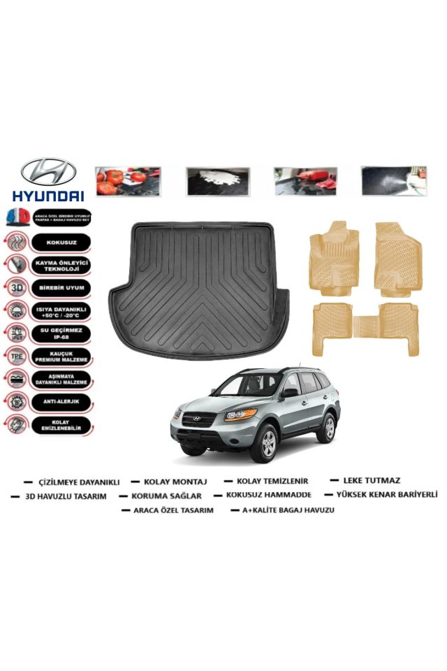 Hyundai Santafe 2008 Model Bagaj Havuzu+Araca Özel Bej Paspas Takımı Flex