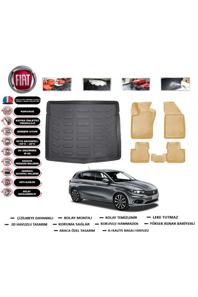 Fiat Egea HB 2025 Model Stepneli Bagaj Havuzu+Araca Özel Bej Paspas Takımı Flex