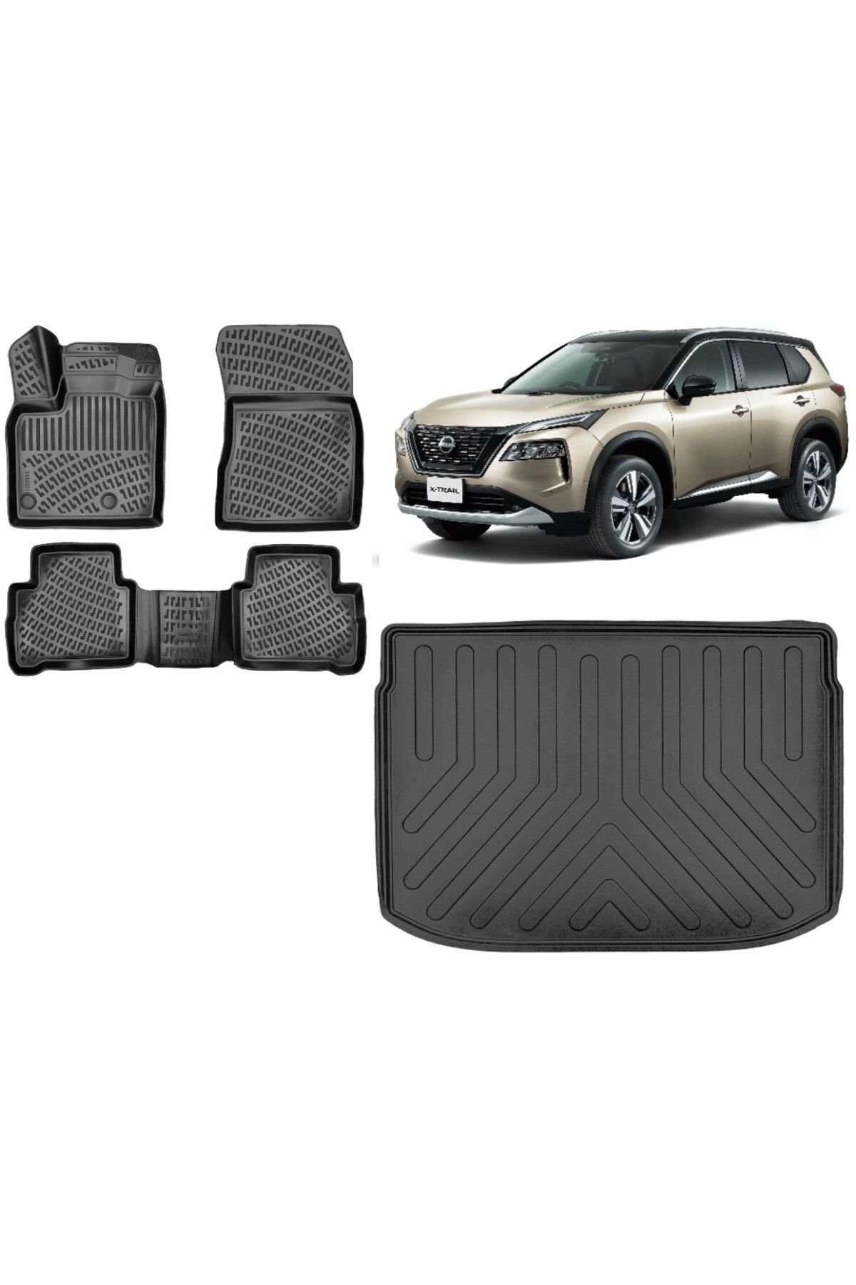 Nissan X-Trail 5 Koltuk 2023 Model Bagaj Havuzu+3D Havuzlu Araca Özel Paspas Takımı