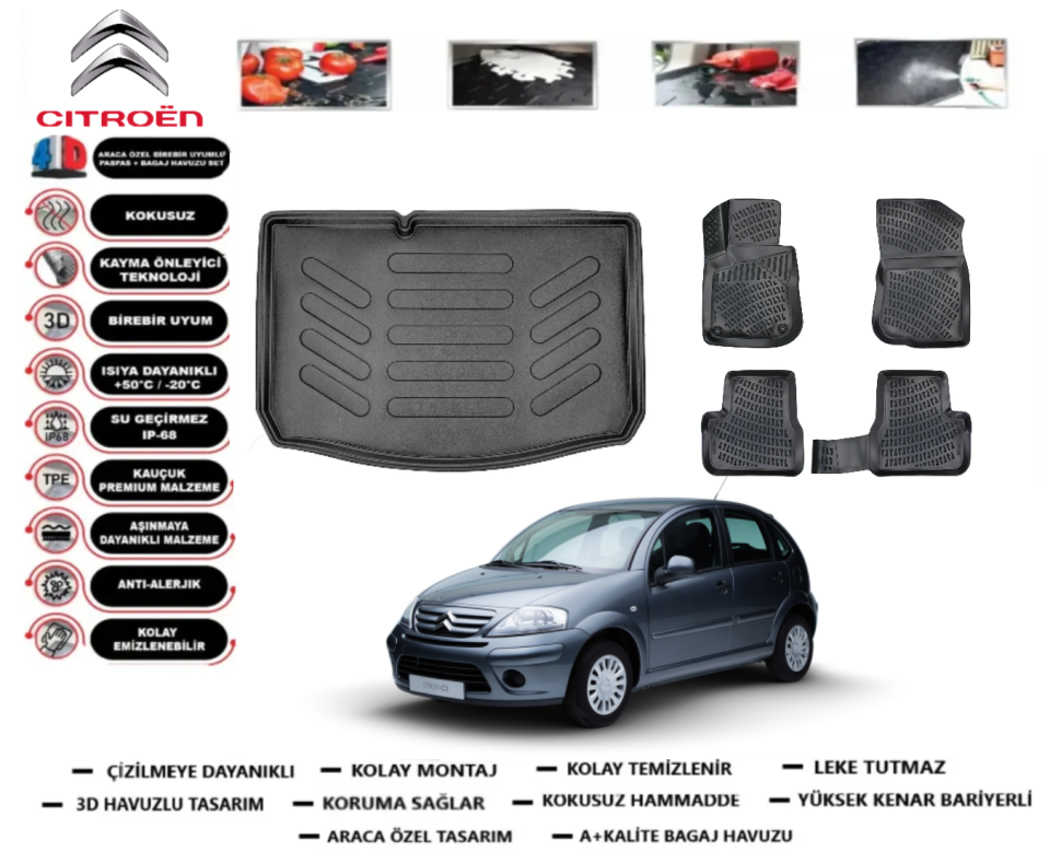 Citroen C3 2003-2009 3D Bagaj Havuzu+3D Araca Özel Paspas Takımı