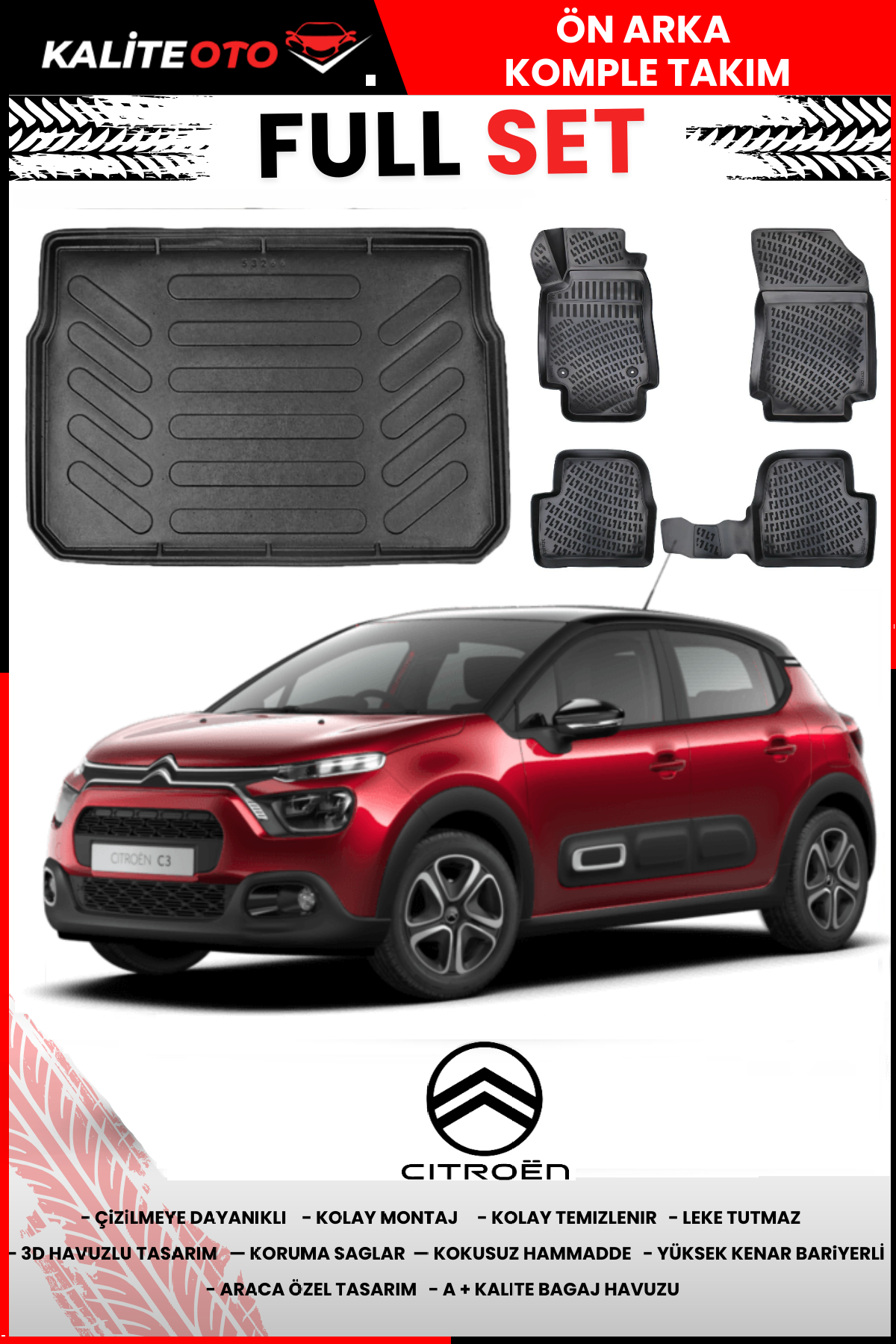 Citroen C3 2016 Sonrası 3D Bagaj Havuzu+3D Araca Özel Paspas Takımı