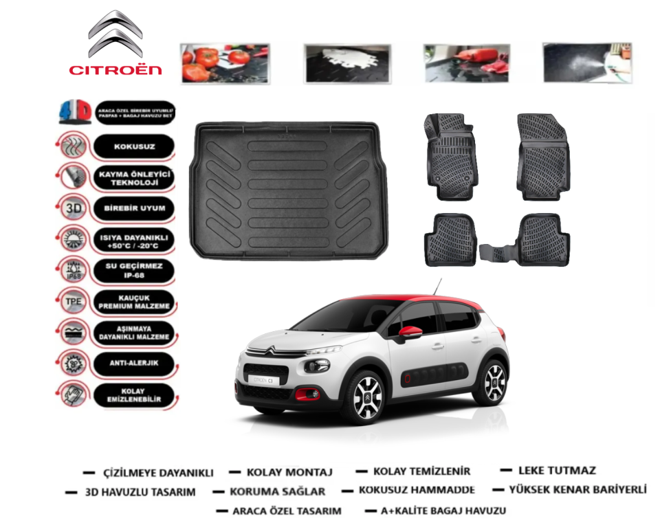 Citroen C3 2016 Sonrası 3D Bagaj Havuzu+3D Araca Özel Paspas Takımı