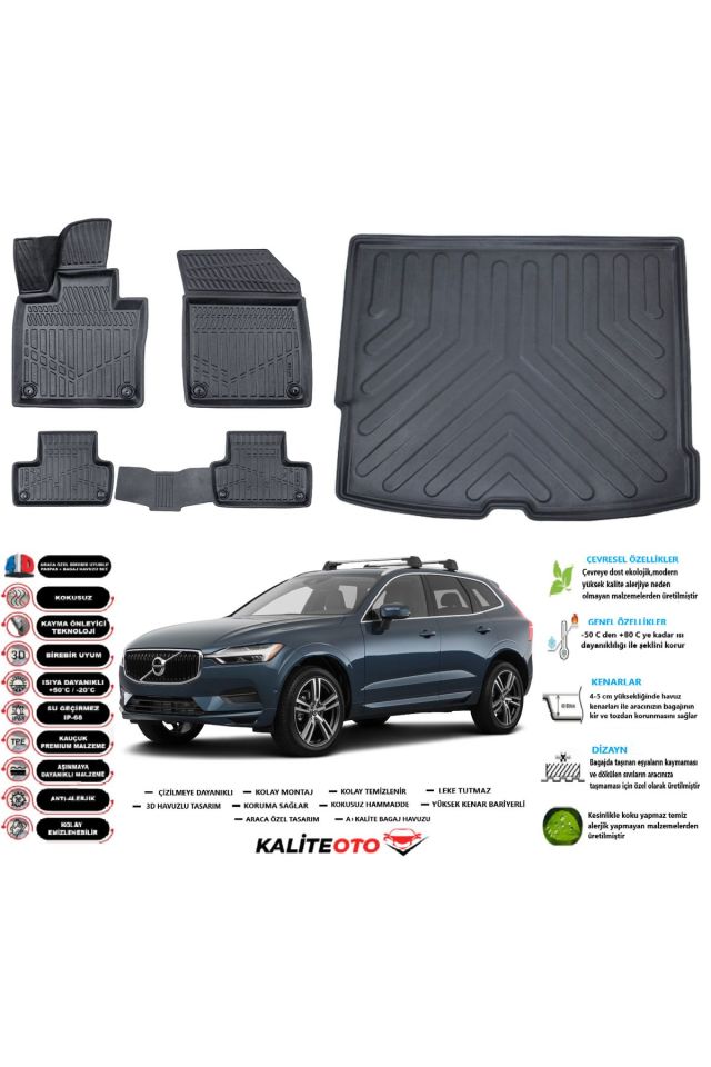 Volvo  XC60  2024 Model Esnek Bagaj Havuzu Araca Özel Siyah Paspas Takımı