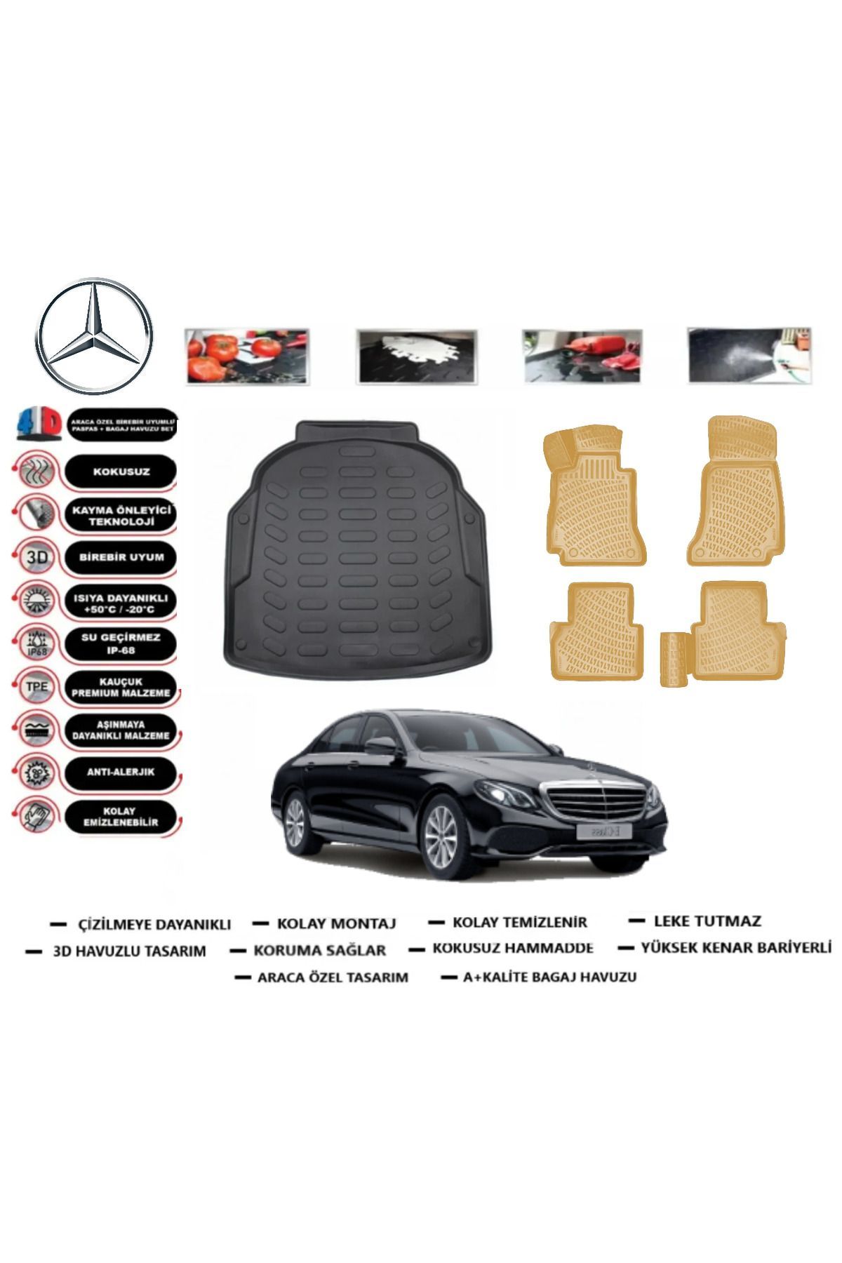 Mercedes E Serisi W213 2018 Model Plastik Setli Bagaj Havuzu+Araca Özel Bej Paspas Takımı Flex