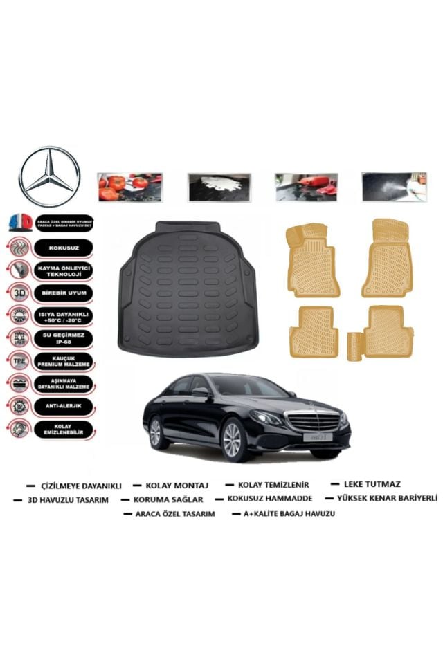 Mercedes E Serisi W213 2018 Model Plastik Setli Bagaj Havuzu+Araca Özel Bej Paspas Takımı Flex
