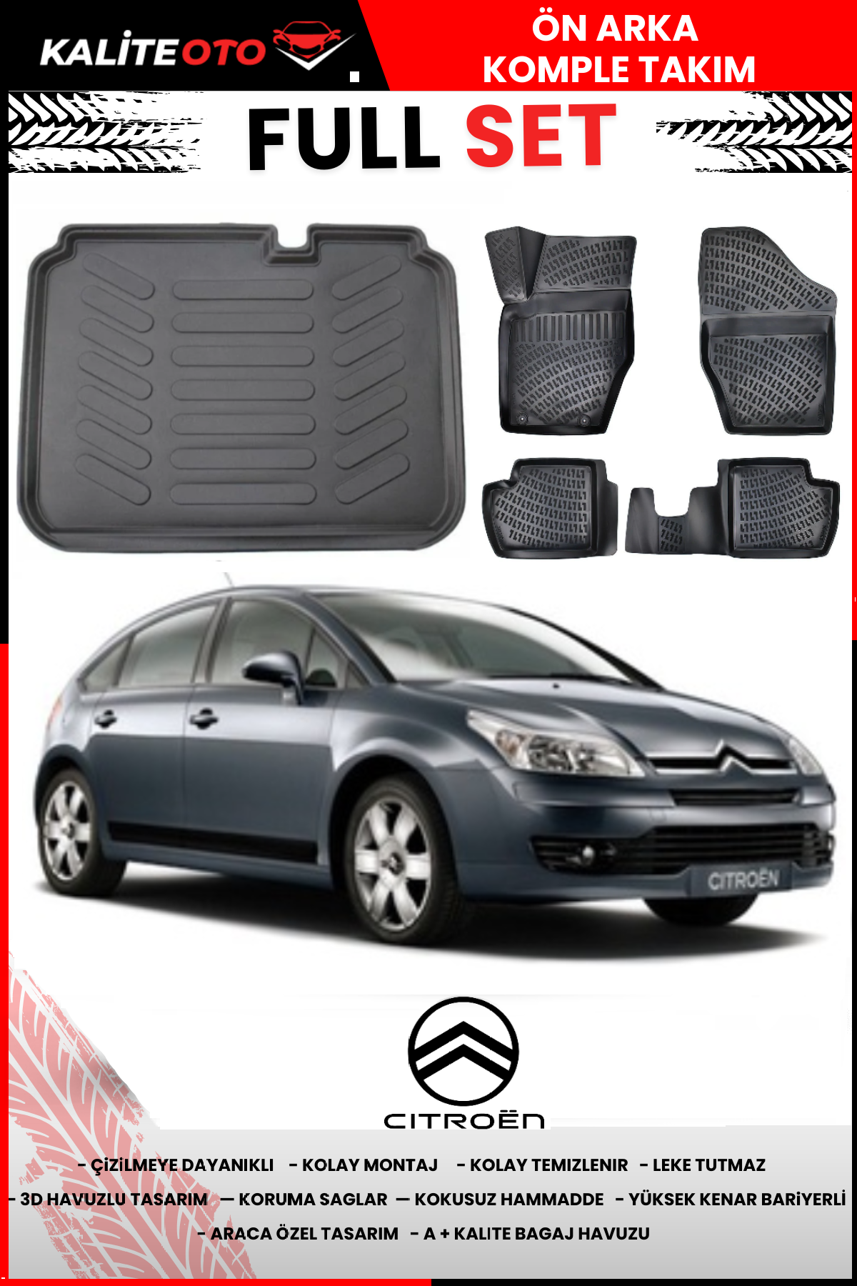 Citroen C4 2005-2010 3D Bagaj Havuzu+3D Araca Özel Paspas Takımı