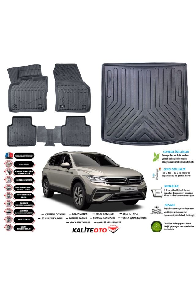 Volkswagen Allspace 2017 Model 5 Koltuk Esnek Bagaj Havuzu Araca Özel Siyah Paspas Takımı