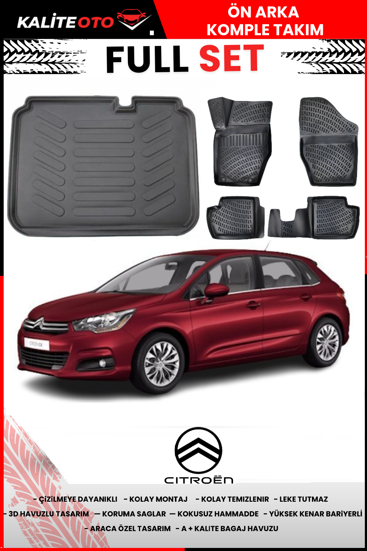 Citroen C4 2011-2018 3D Bagaj Havuzu+3D Araca Özel Paspas Takımı