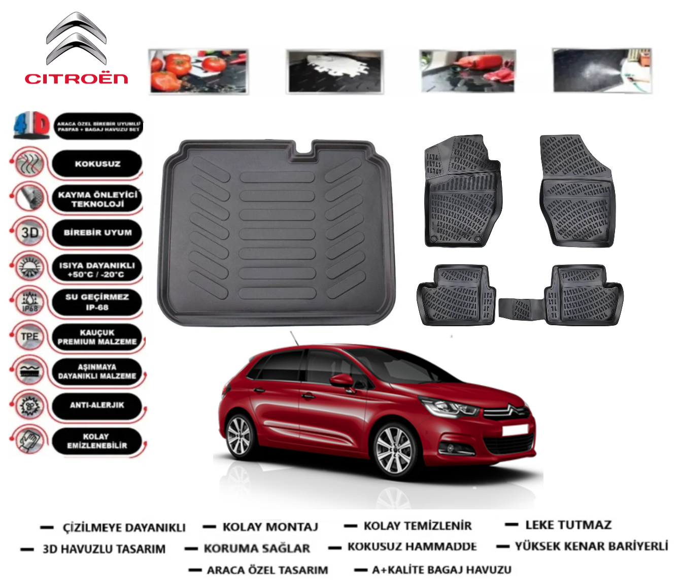 Citroen C4 2011-2018 3D Bagaj Havuzu+3D Araca Özel Paspas Takımı