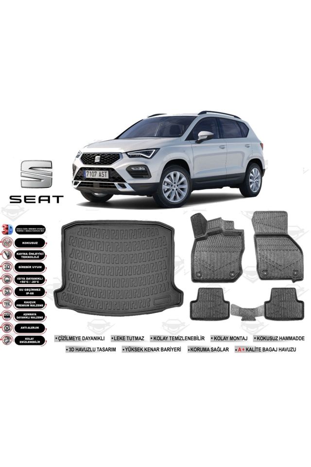 Seat Ateca 4x2 2025 Model Bagaj Havuzu Araca Özel Siyah Havuzlu Paspas Takımı Sett