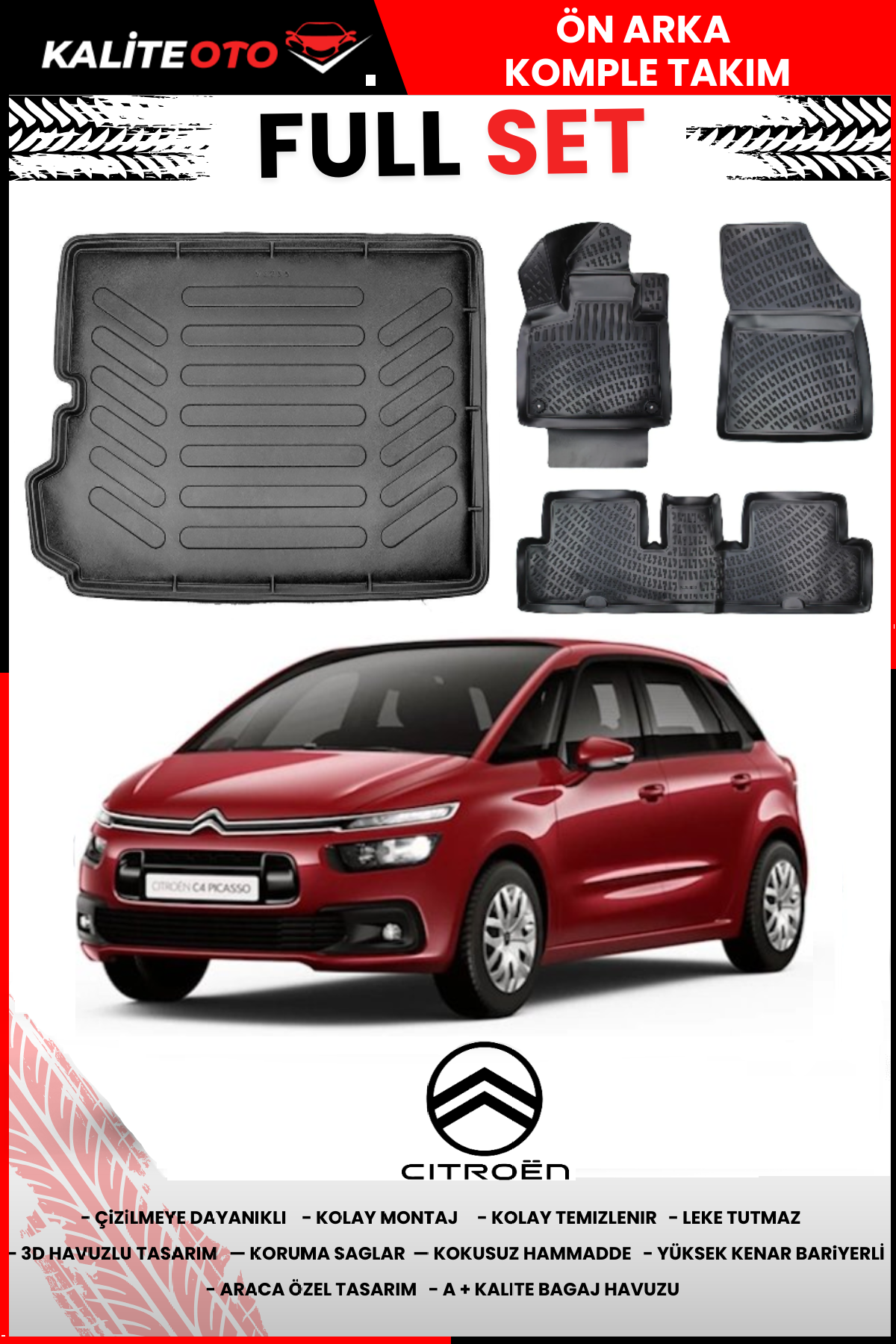 Citroen Picasso 2013 Sonrası 3D Bagaj Havuzu+3D Araca Özel Paspas Takımı