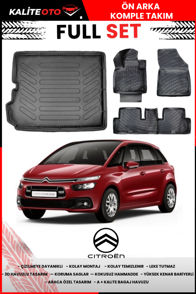 Citroen Picasso 2013 Sonrası 3D Bagaj Havuzu+3D Araca Özel Paspas Takımı