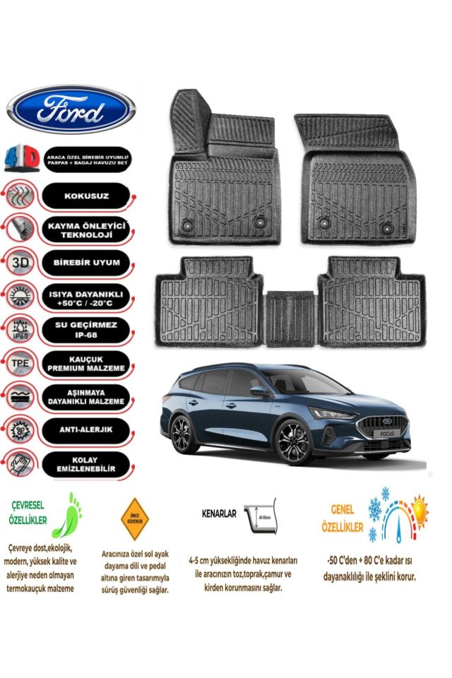 Ford Focus 5 Station Vagon 2024 Model 4D Araca Özel Havuzlu Kokusuz Paspas Takımı