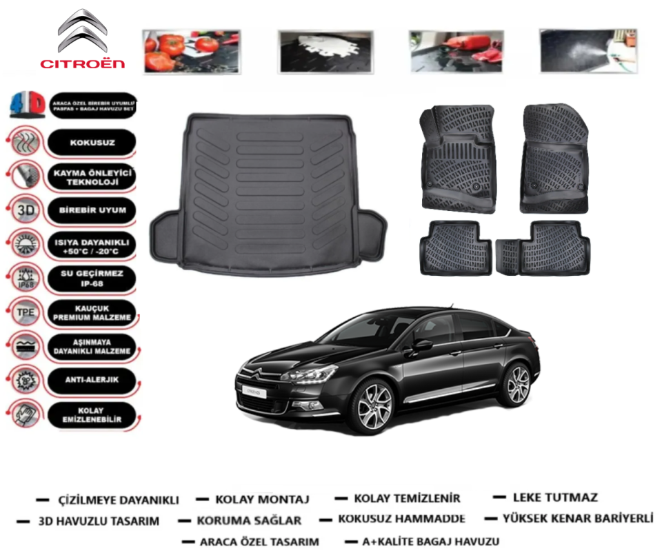 Citroen C5 2007 Sonrası 3D Bagaj Havuzu+3D Araca Özel Paspas Takımı