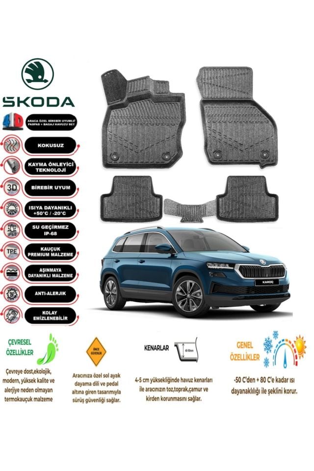 Skoda Karoq 2023 Model 4D Araca Özel Havuzlu Paspas Takımı
